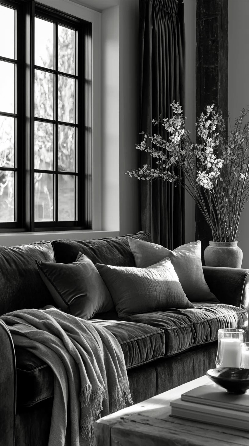 Navy Couch with Warm Neutral and Jewel-Toned Pillows