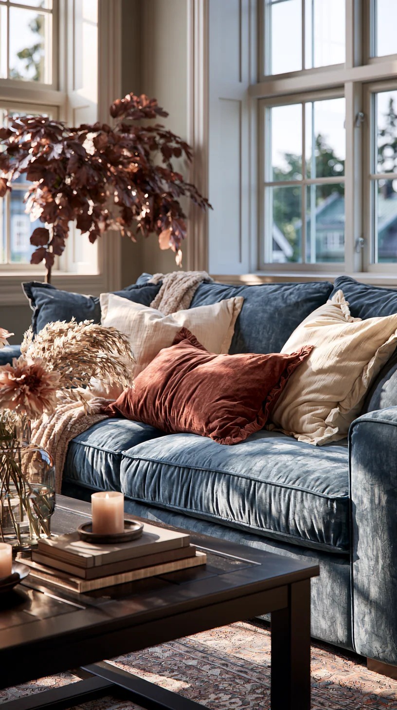 Powder Blue Couch Paired with Warm Rattan Furniture Accents