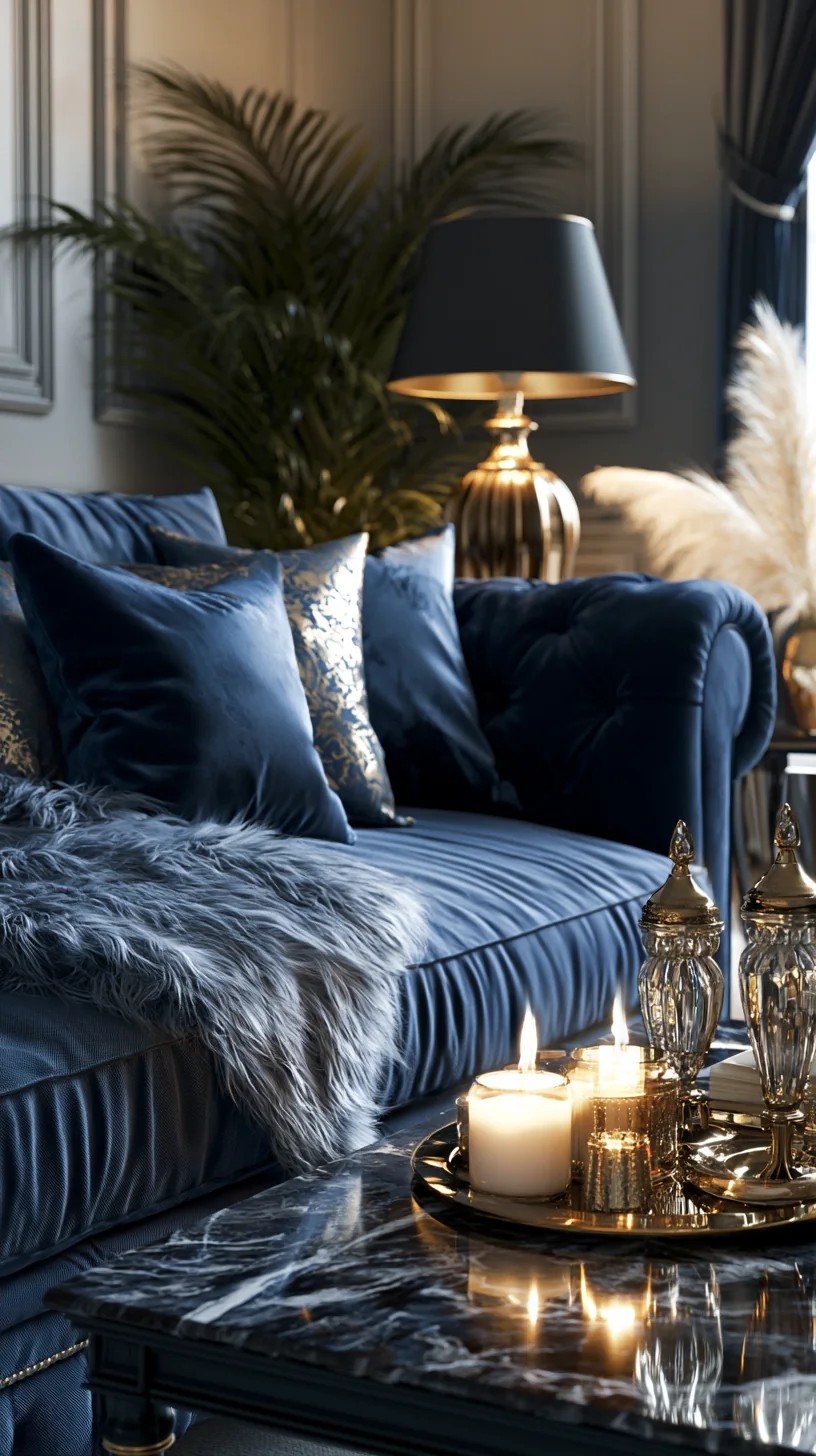 Steel Blue Couch Paired with Rust-Colored Throw Pillows