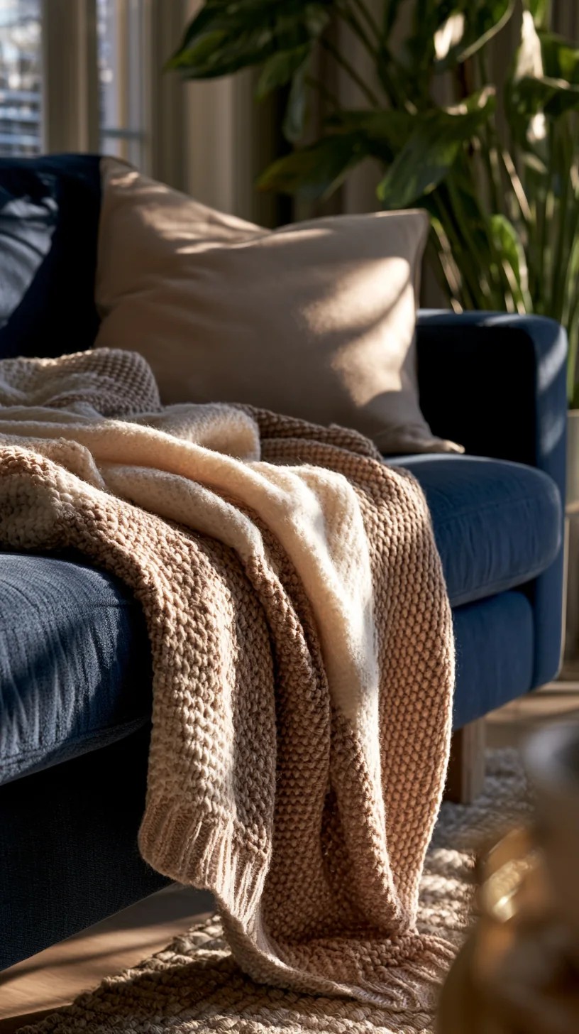 Denim Blue Couch Paired with Terracotta Accents