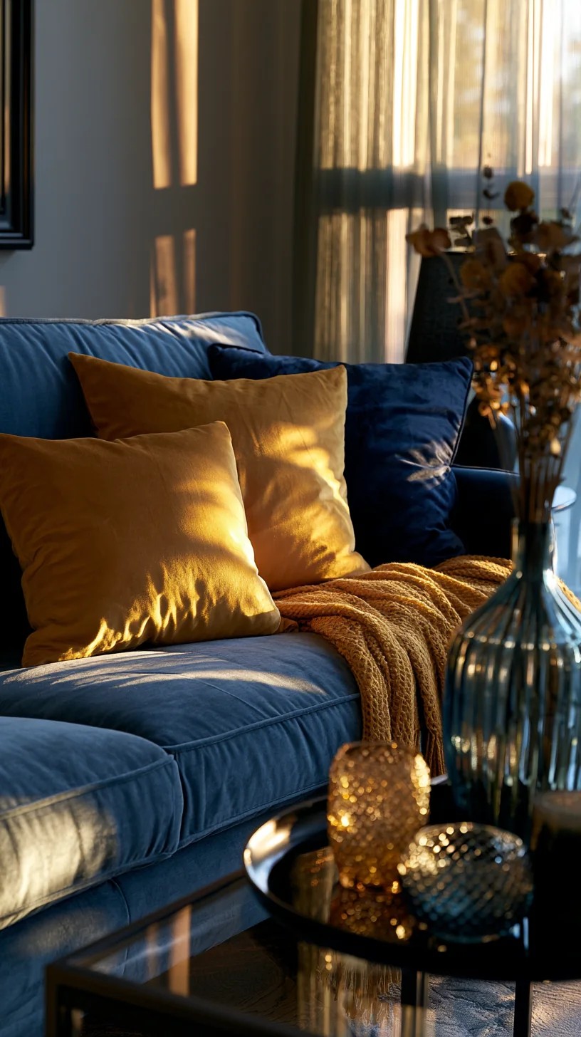 Blue Couch Layered with Warm Textured Throw Blankets