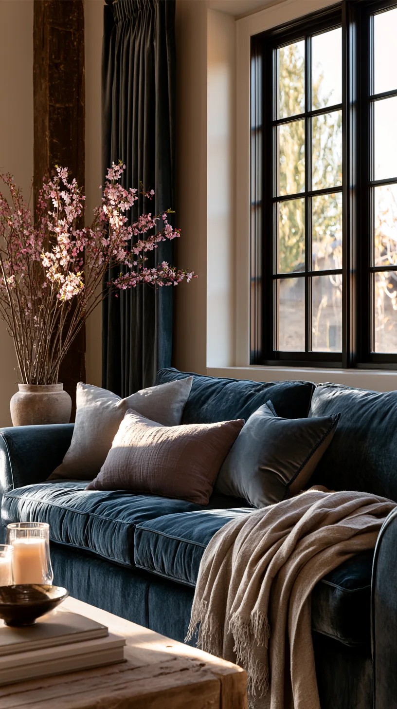 Teal Couch Paired with Warm Wood Built-Ins