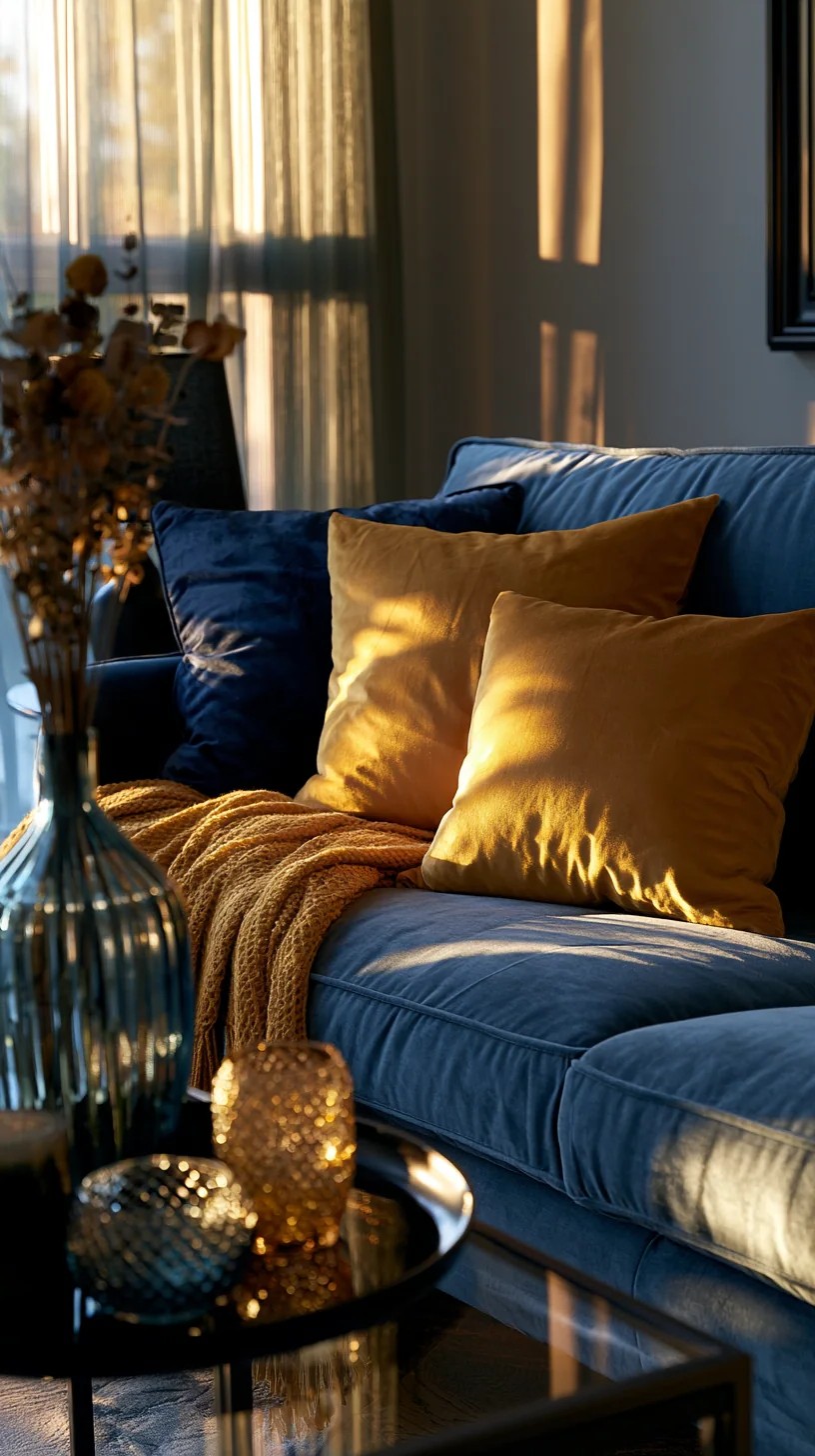 Blue Couch against Warm Wood Paneling