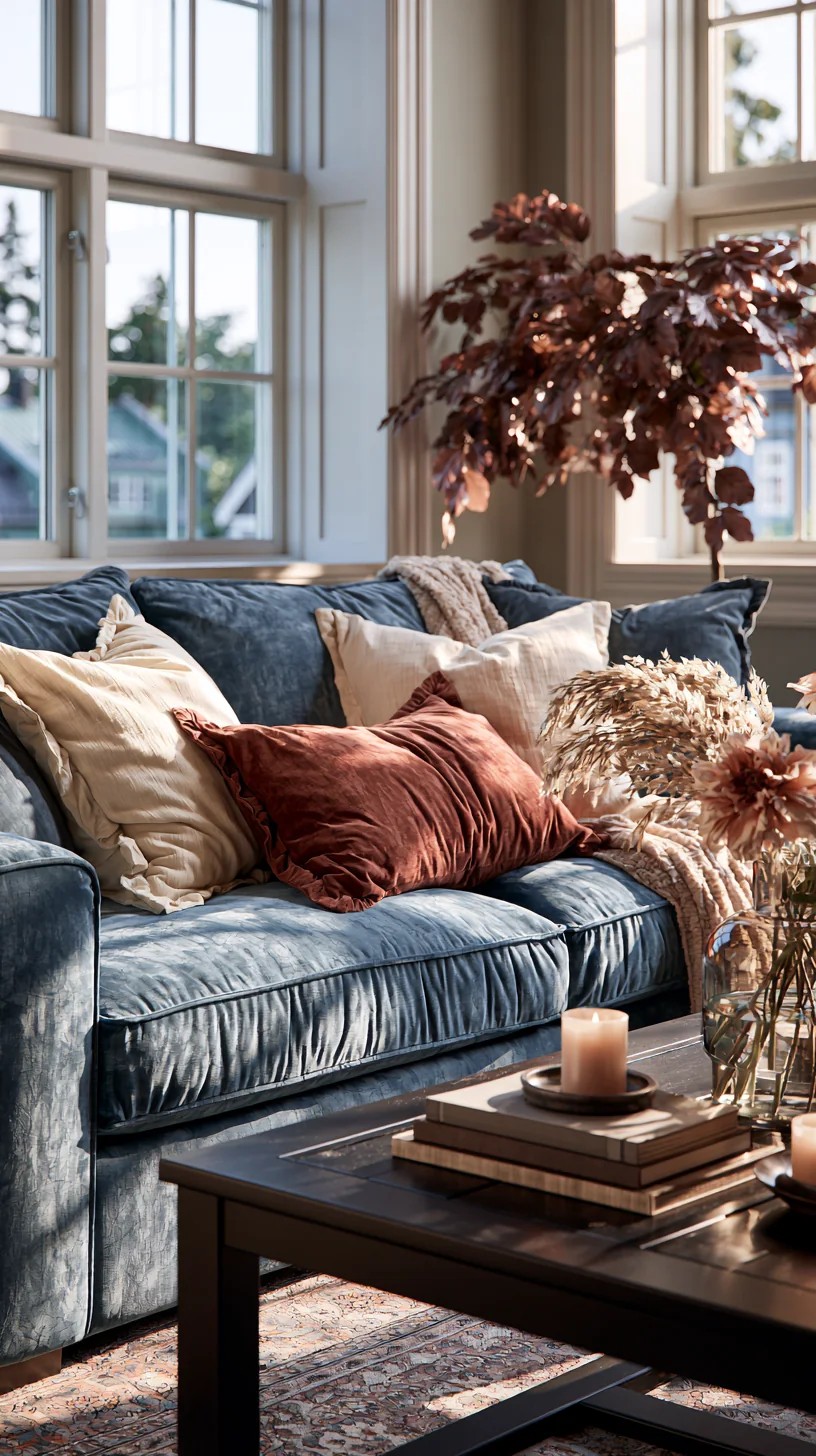 Navy Blue Couch with Warm Wood Coffee Table
