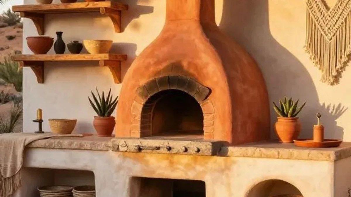 Sculptural terracotta clay wood-fired oven and hand-troweled lime plaster outdoor kitchen surround with macrame and succulents