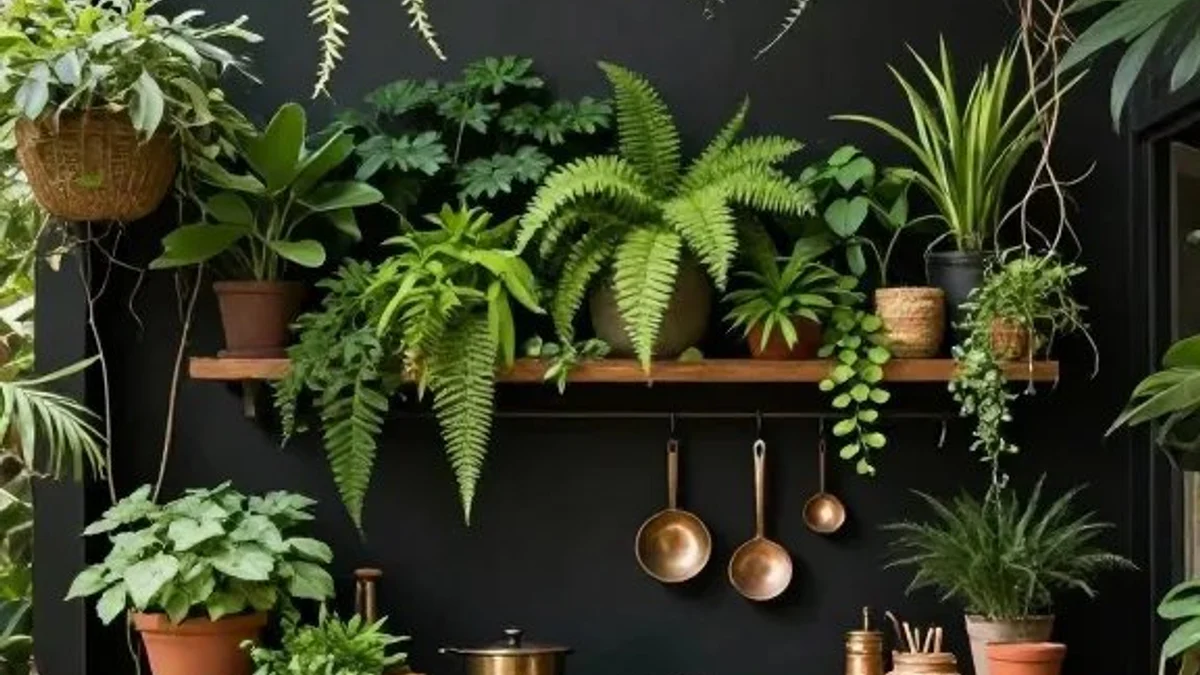 Boho outdoor kitchen wall enveloped in lush hanging ferns, trailing vines, terracotta herb pots, and hanging copper cookware