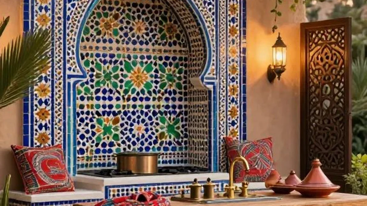 Open-air bohemian outdoor kitchen with Moroccan zellige mosaic arch, embroidered cushions, brass lantern, and carved wood screen