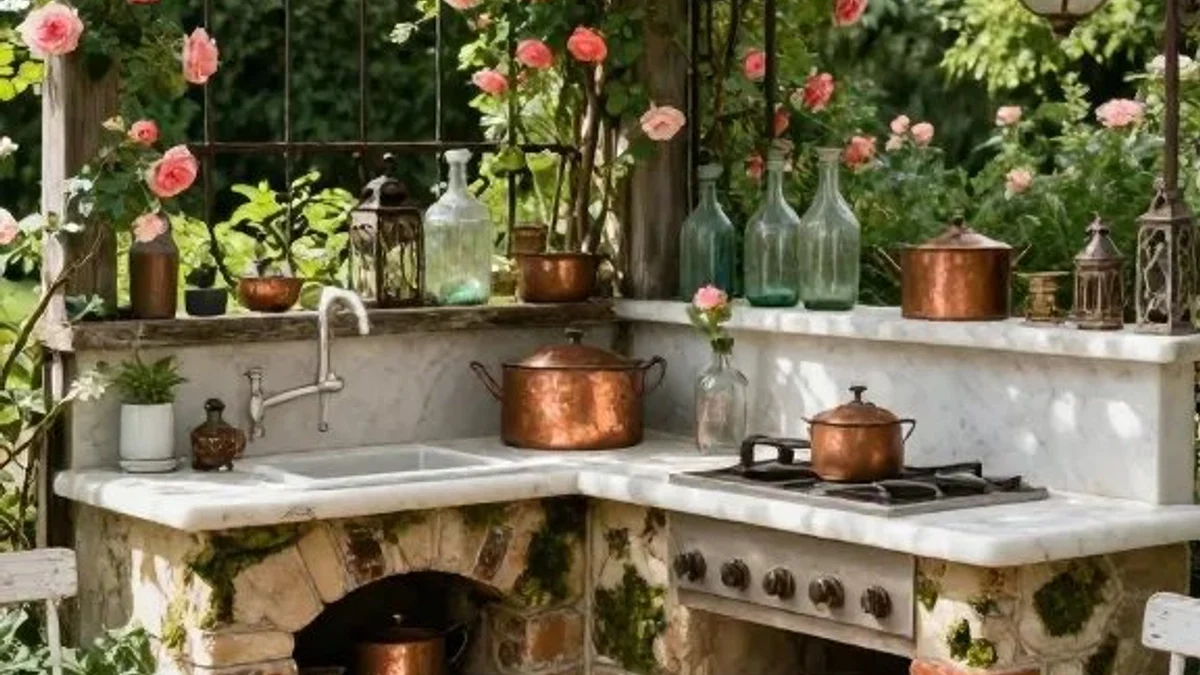 Magical garden retreat boho outdoor kitchen draped in climbing pink roses with vintage glass bottles, copper pots, and candle lanterns