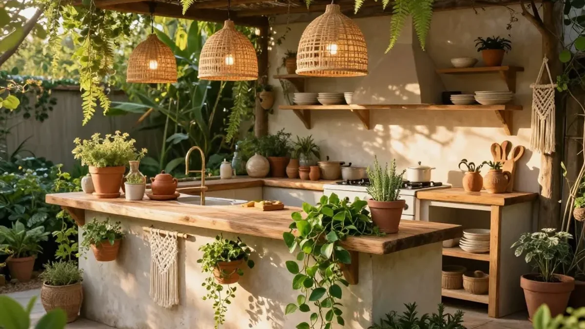 5 Boho Outdoor Kitchen Ideas showing woven rattan pendant lights, trailing vines, terracotta pots, macrame wall hanging, and live-edge wood counter