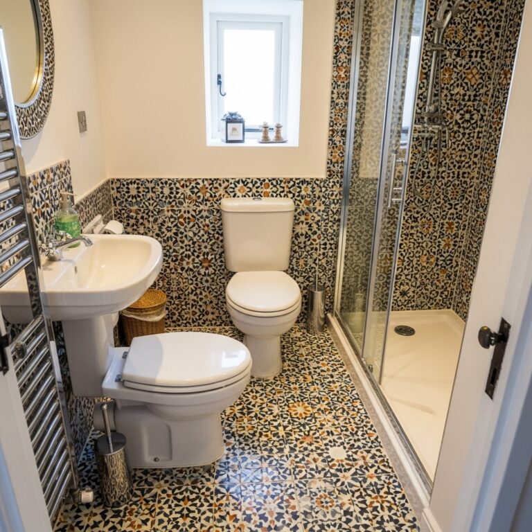 Detailed brown and bronze glass mosaic tile accent wall illuminated inside a walk-in shower niche