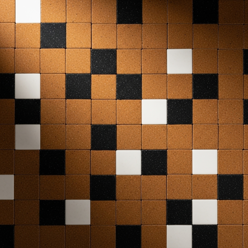Retro-modern brown and creamy white checkerboard tile bathroom floor leading to a clawfoot tub