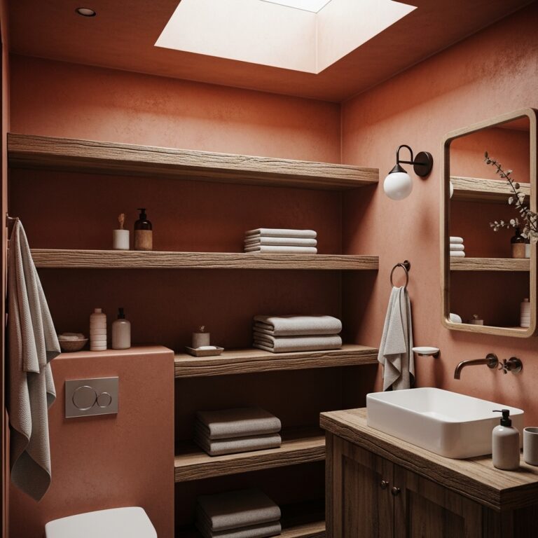 Warm tan-brown vertical stack tiles paired with sleek matte black shower head and minimalist fixtures