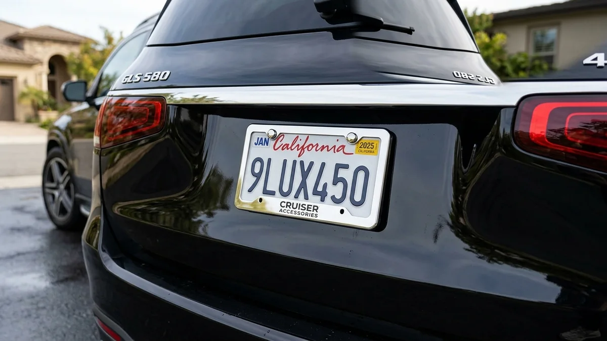 polished stainless steel license plate frame on car