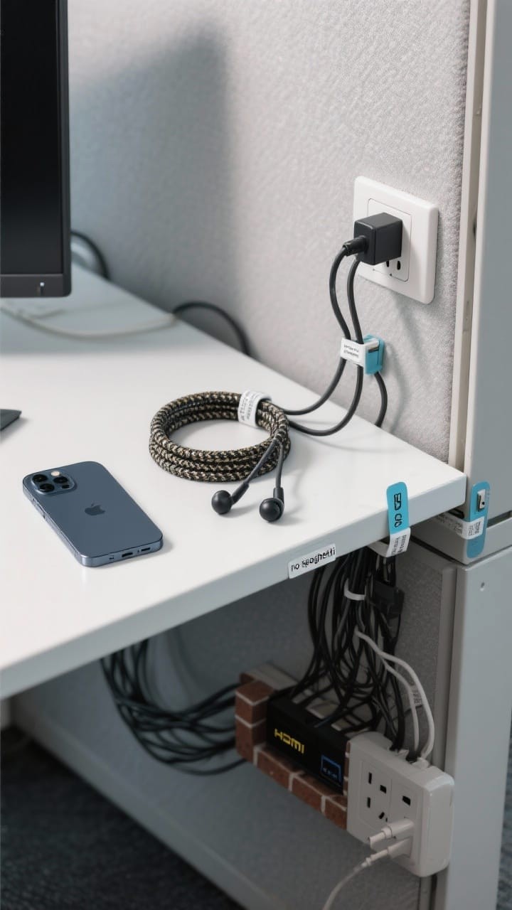 Under-Desk Wire Cable Management Tray Concealing Power Strips and Cords
