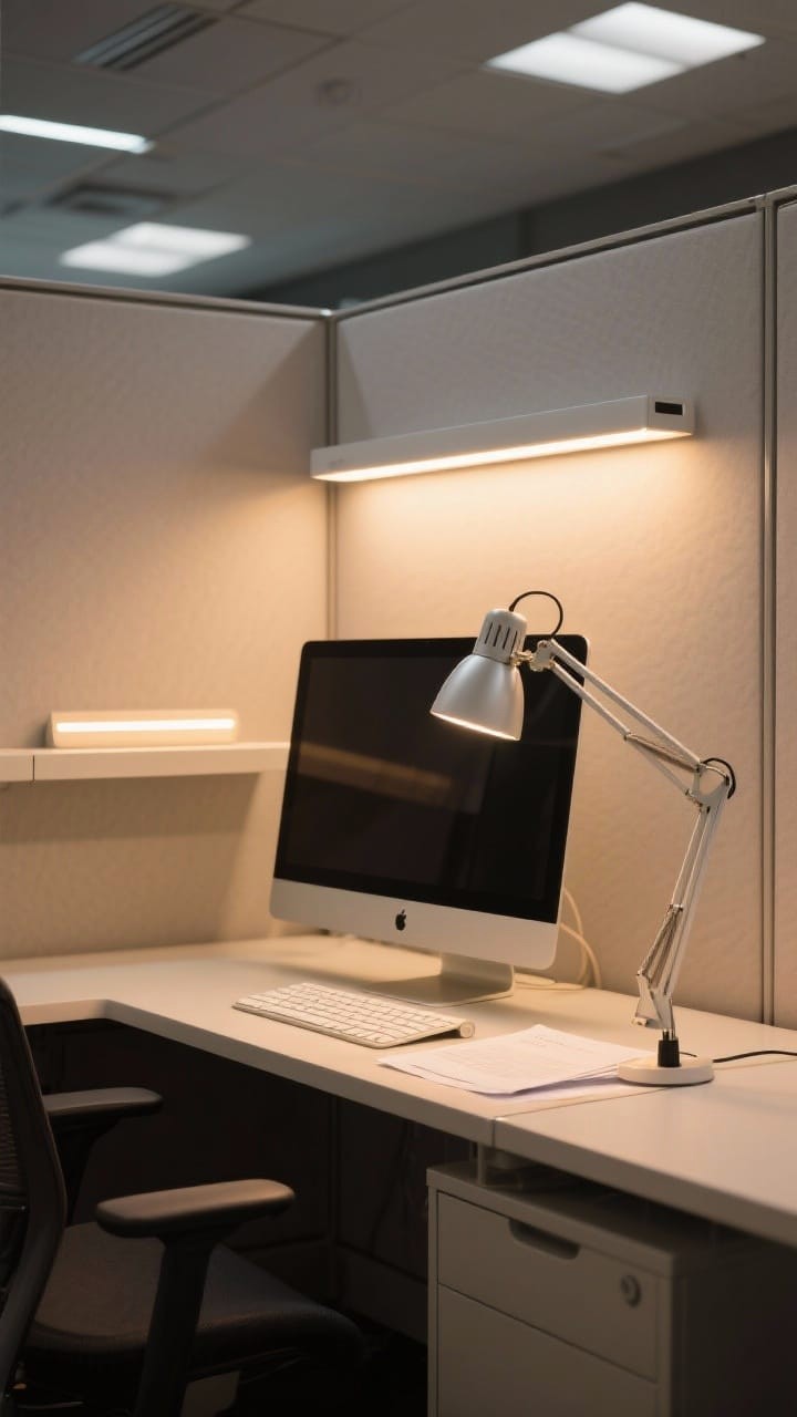 Uniform Labeled Storage Bins with Integrated Handles on Cubicle Overhead Shelf