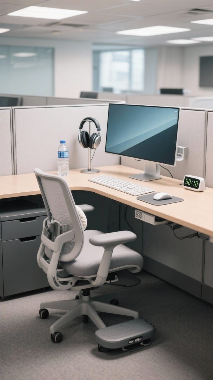 Matte Black Headphone Stand and Felt Acoustic Privacy Panels in Modern Cubicle