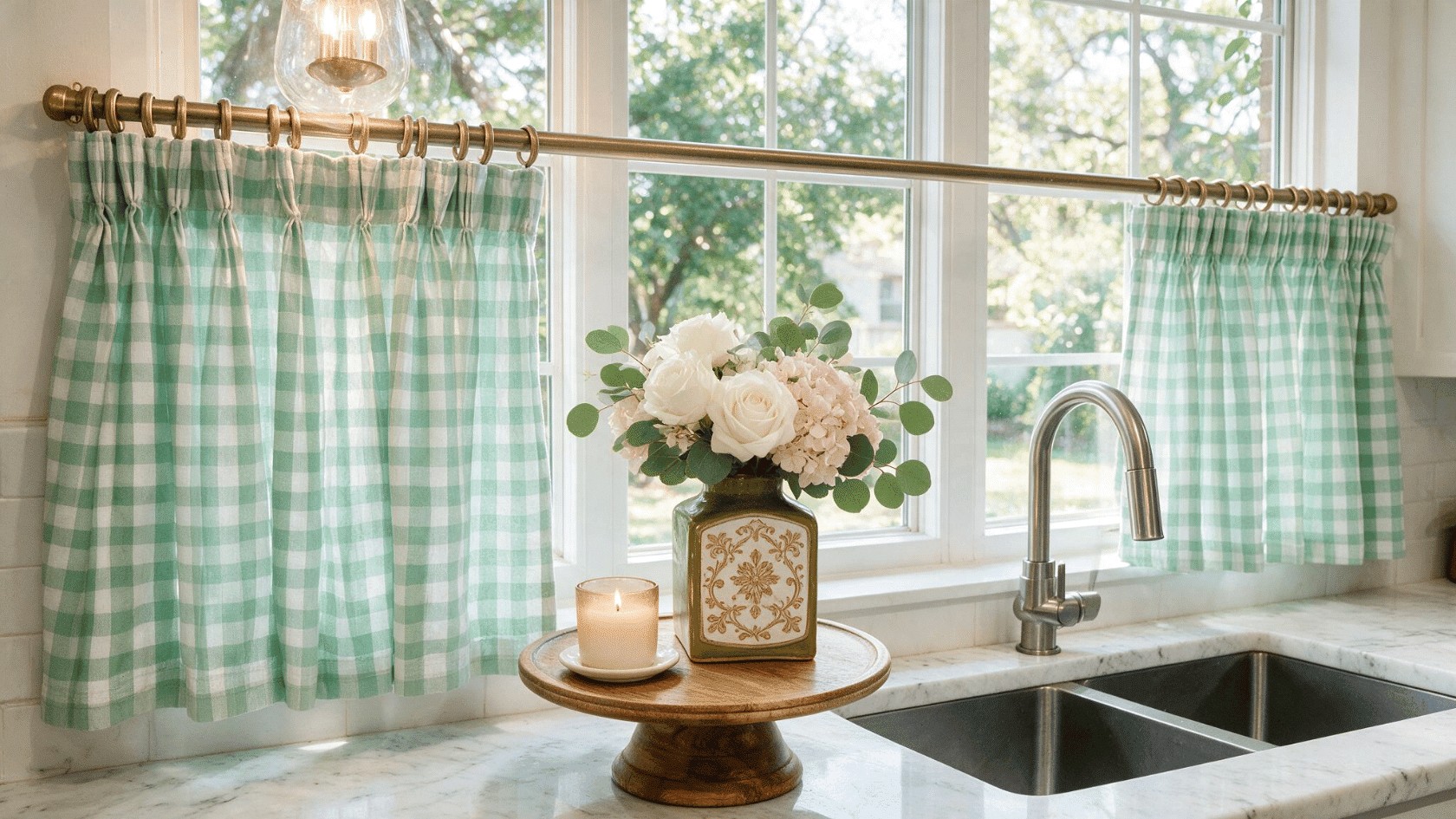 Crisp White Café Curtains on Brass Rod in Sunny Kitchen