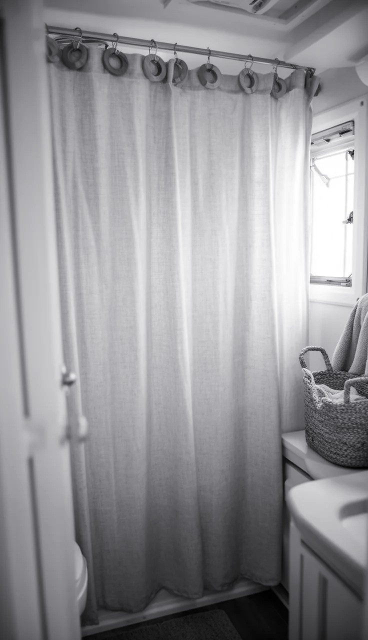 Corner Shower Curtain in Camper Stall