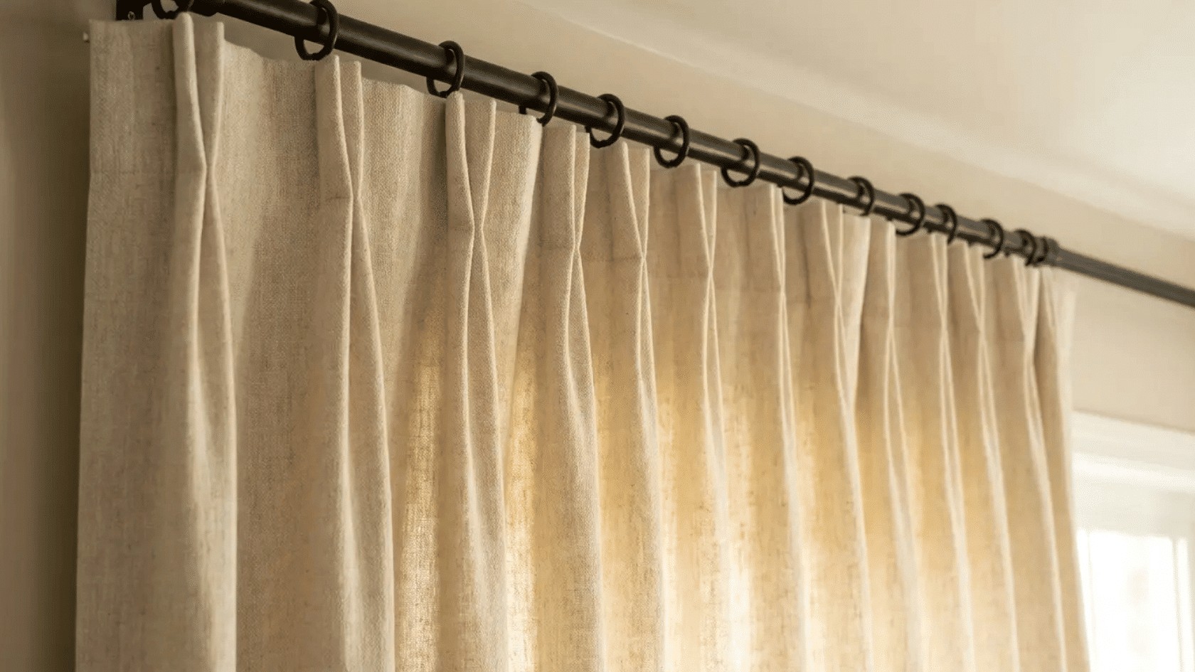 Tailored Triple Pinch-Pleat Custom Drapery on Ring Clips