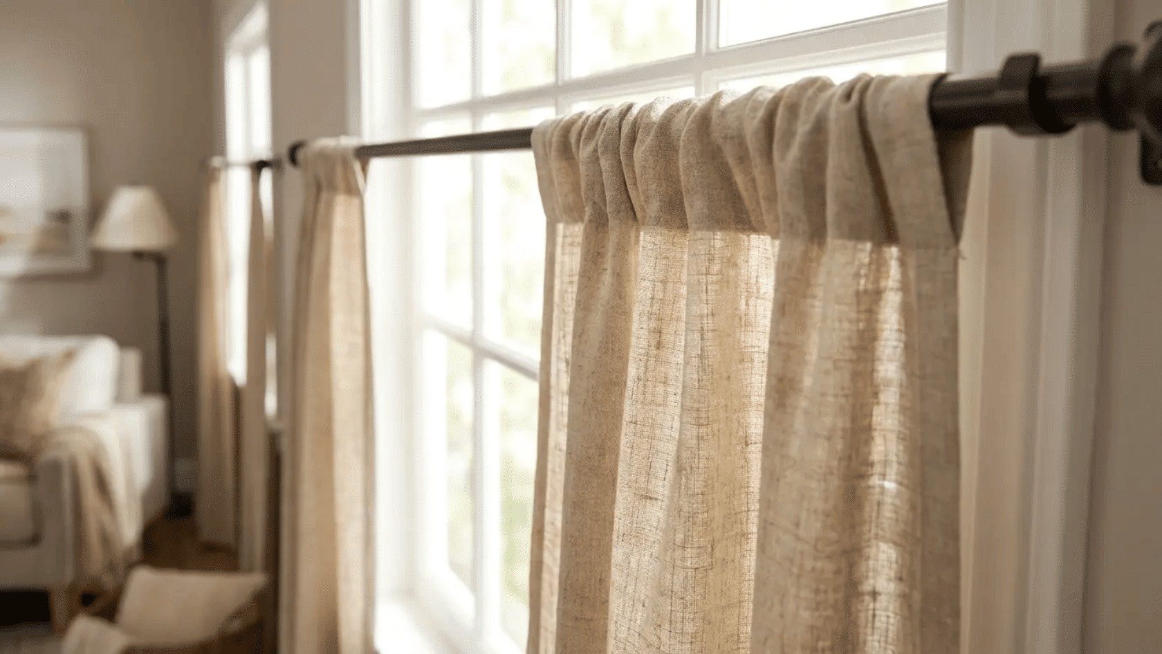 Classic Rod-Pocket Linen Curtains in Cozy Cottage Bedroom