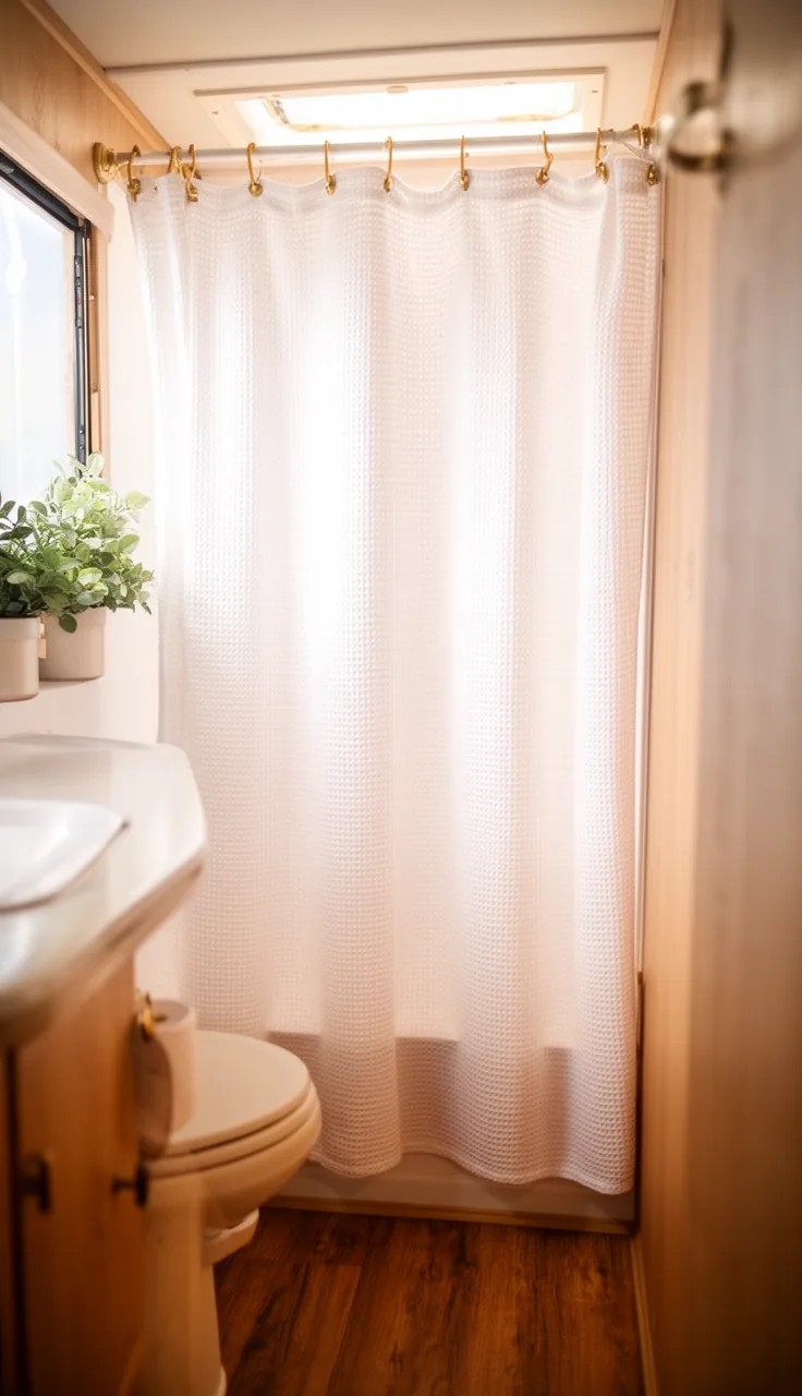 Striped Shower Curtain in RV Bathroom
