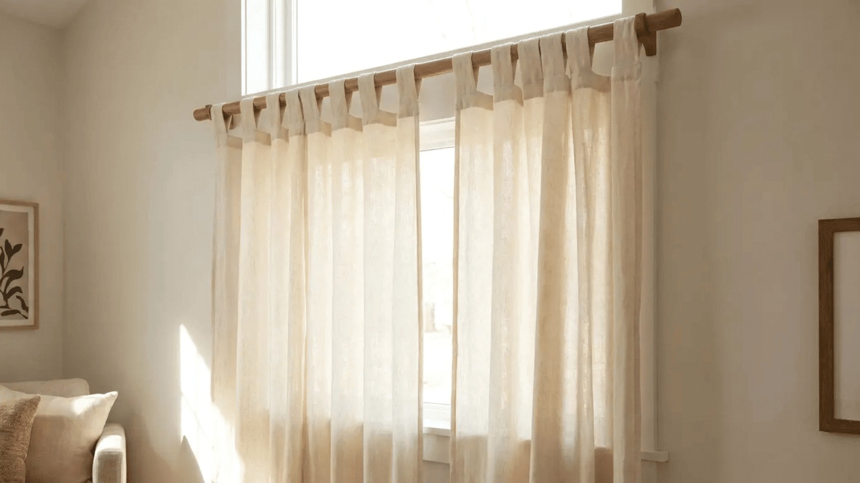 Casual Tab-Top Cotton Curtains on Wooden Curtain Rod