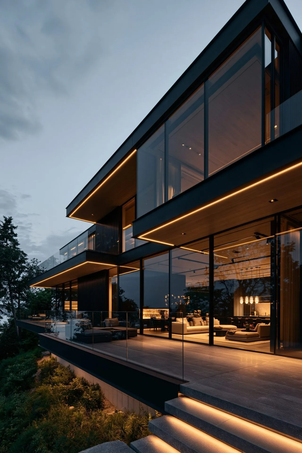 2. A Charcoal Stone Facade with Dramatic Floor-to-Ceiling Windows