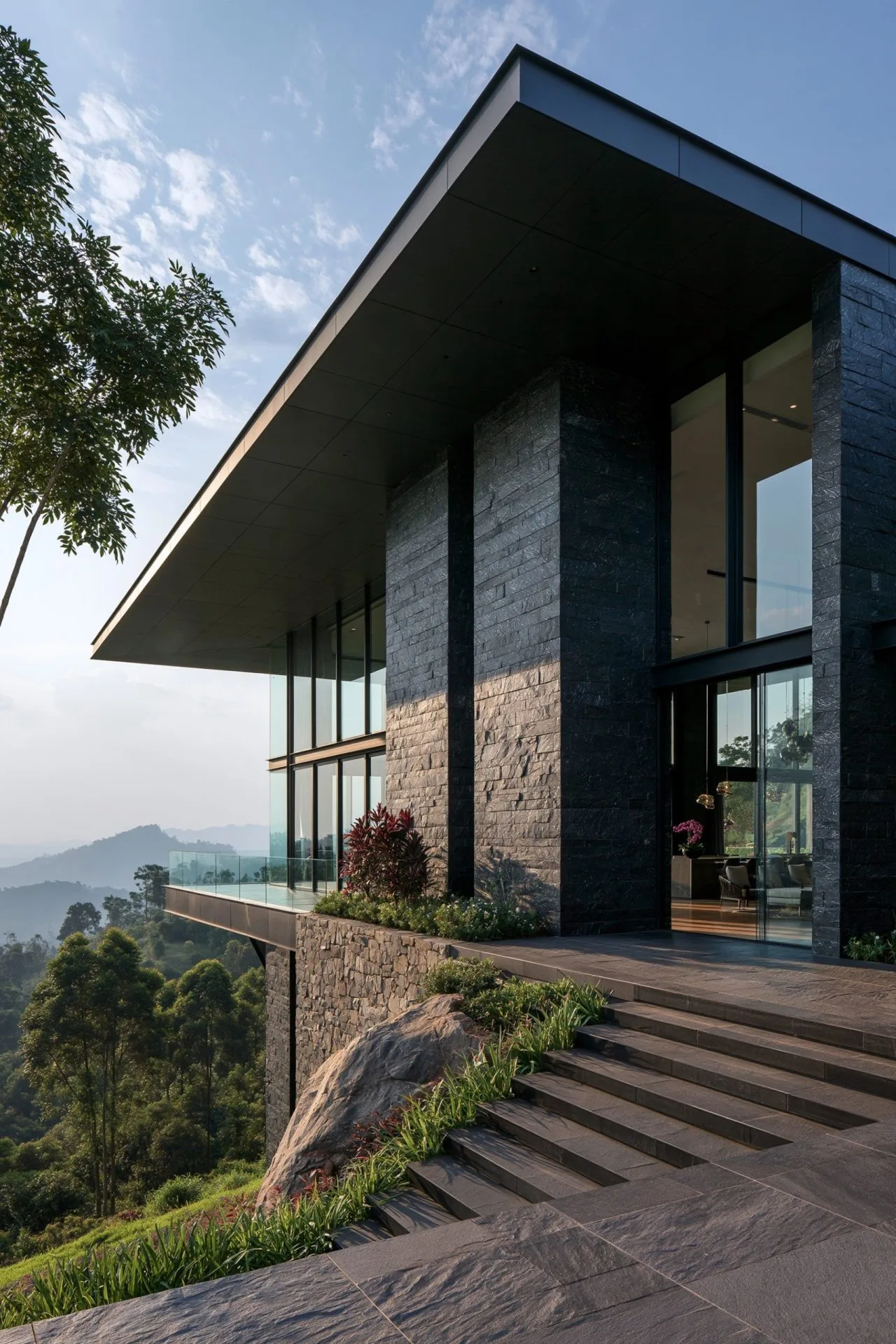 8. A Dark Luxury Outdoor Living Space with Black Accents and Ambient Fire