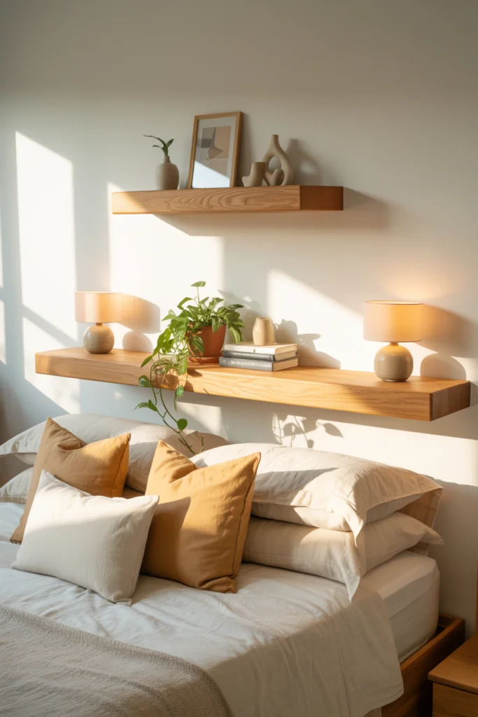 11. A Floating Wood Shelf Styled as a Minimalist Headboard