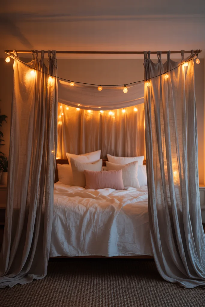 4. A Fabric-Draped Headboard Using Curtain Rods and Panels