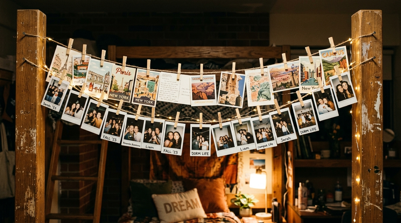 Command-Strip Photo Displays on the Loft's Support Beams