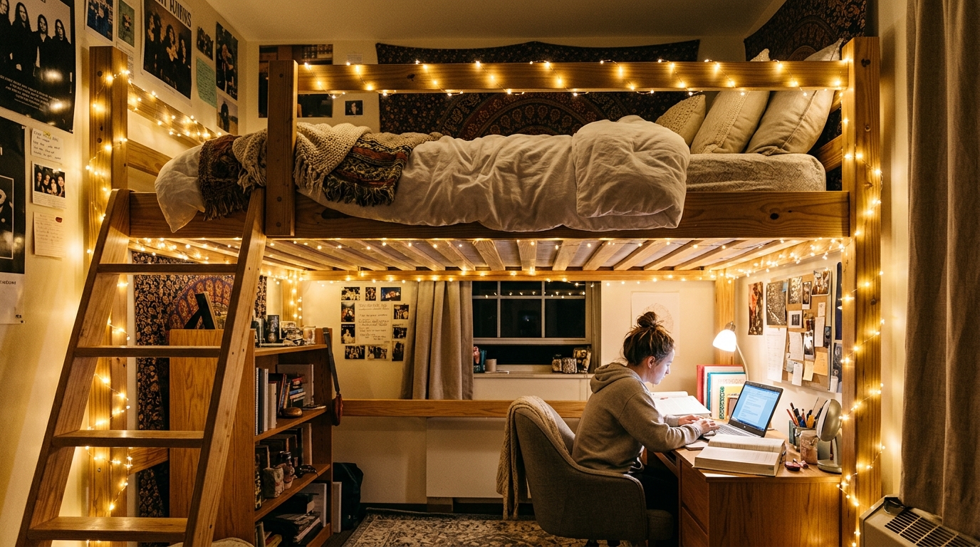 String Lights Wrapped Around the Loft Frame for Ambiance