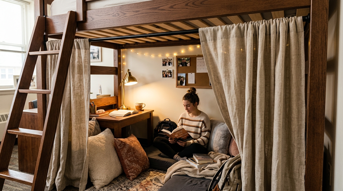 A Curtain Hung Around the Loft Base for a Private Nook