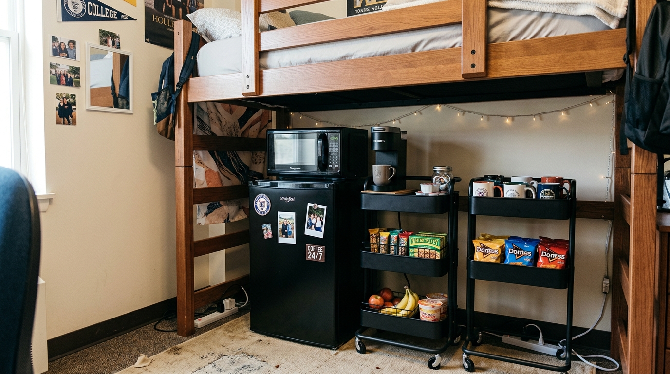 A Mini Fridge and Snack Station Under the Loft