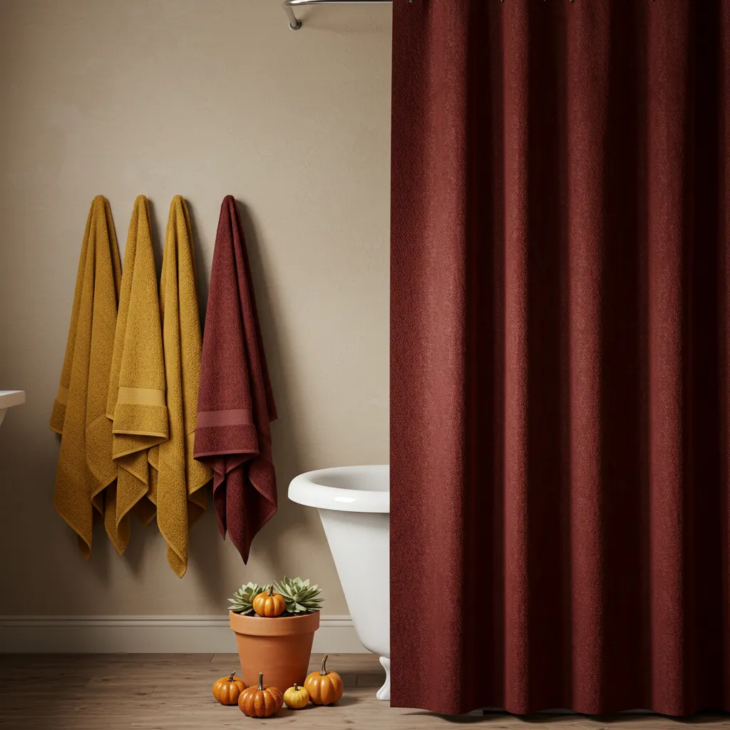 Plush rust and terracotta Turkish bath towels neatly displayed on a rustic wooden ladder in a warm autumn bathroom