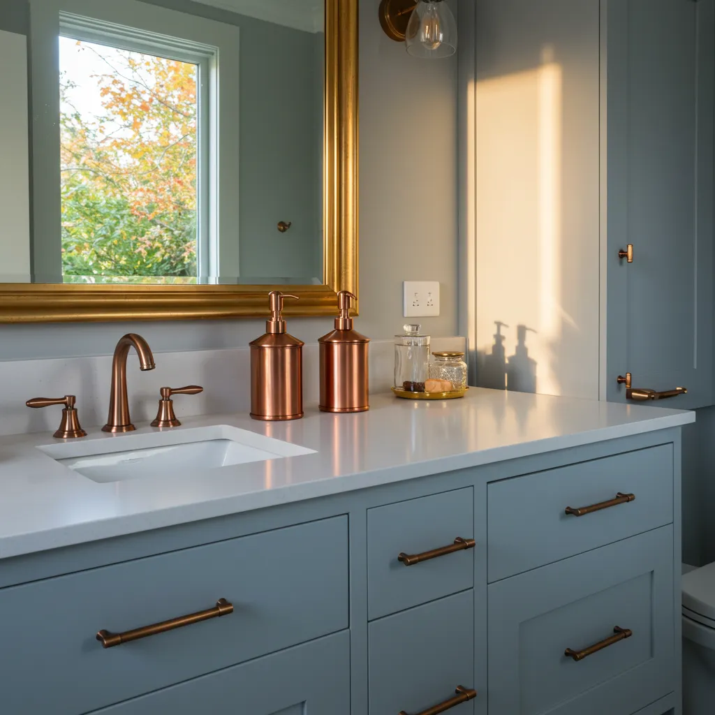Fluted amber glass foaming hand soap pump paired with an earthy ceramic dish on a marble countertop