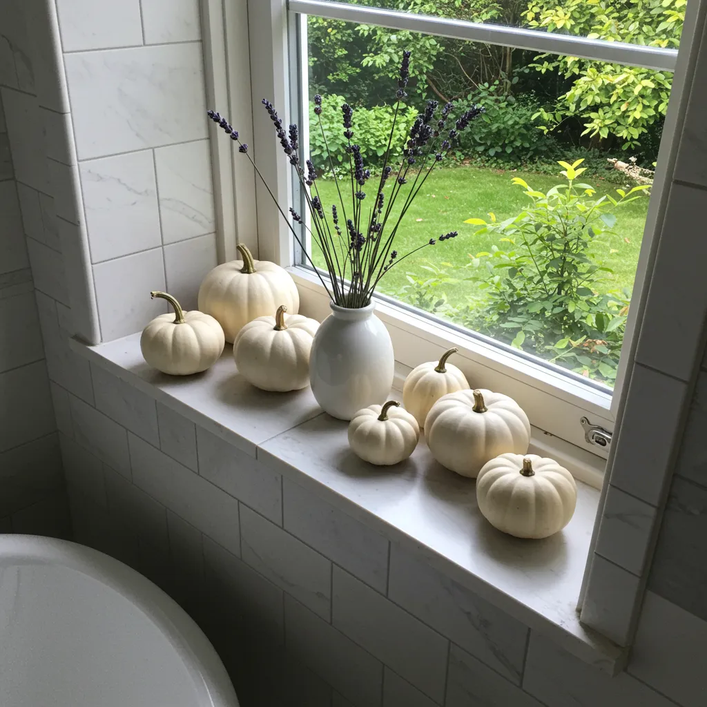 Neutral dried pampas grass and preserved eucalyptus arranged in a textured beige ceramic vase on a bathroom vanity