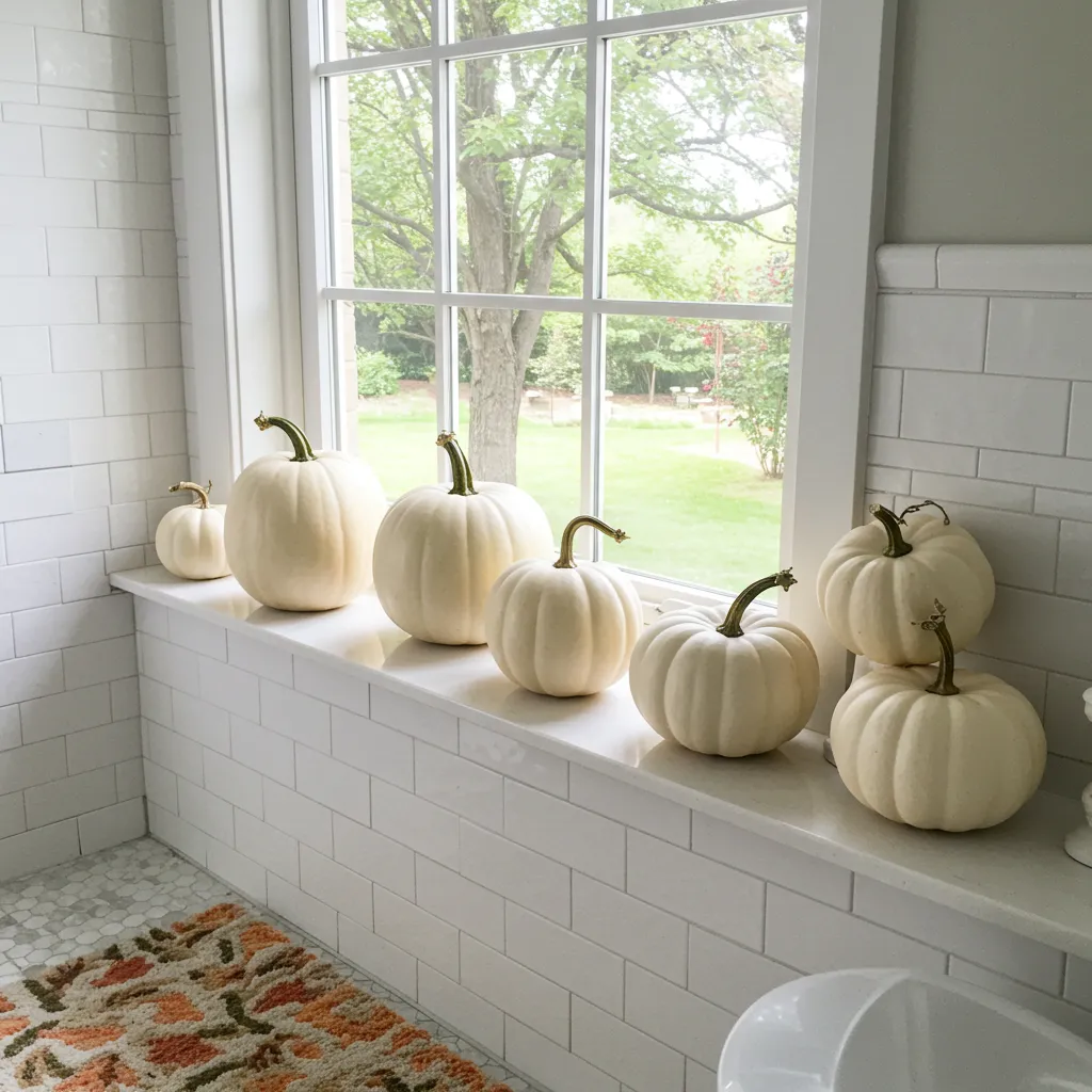 Miniature ceramic and muted velvet decorative pumpkins displayed tastefully beside a vanity mirror on a wooden shelf