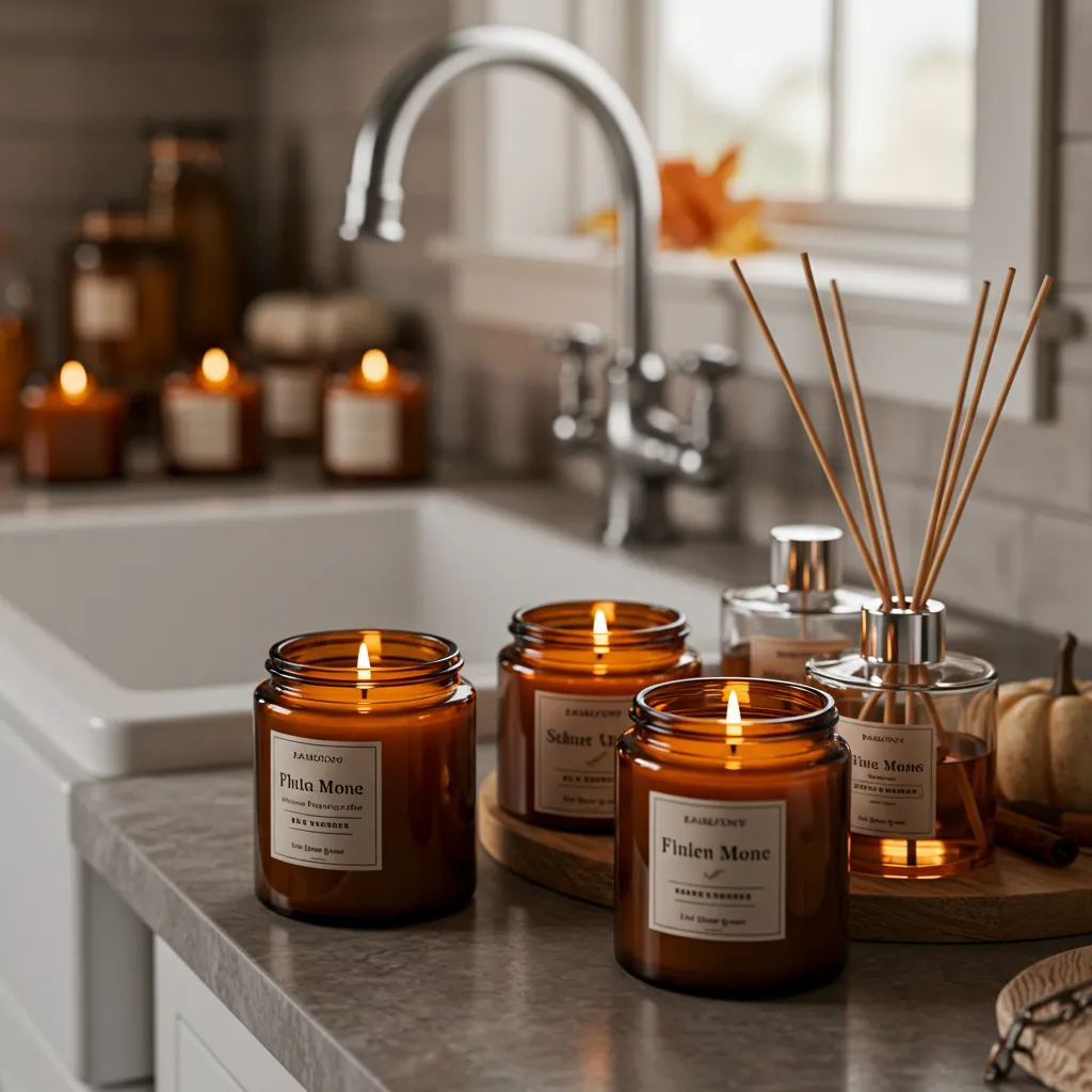 Soy wax scented candle in amber glass jar and ceramic reed diffuser releasing fragrance on a cozy bathroom vanity
