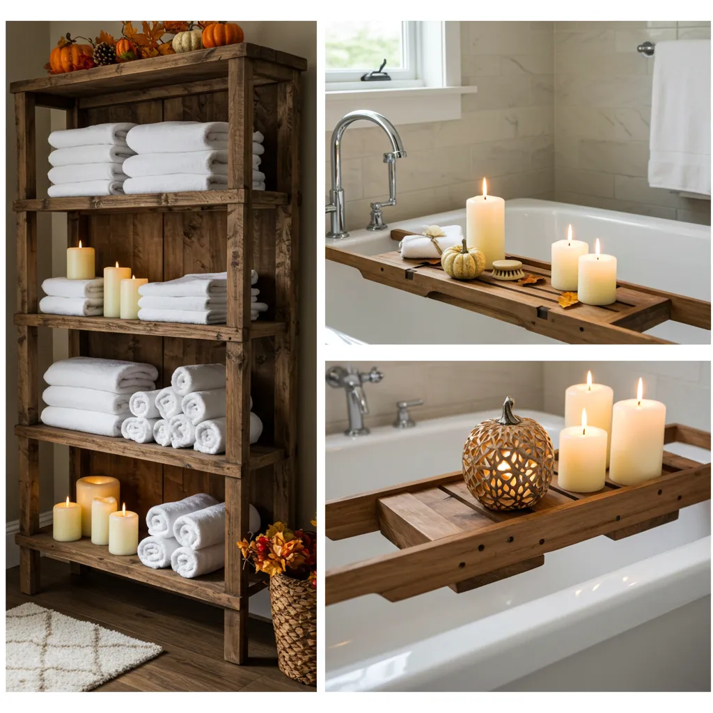 Rustic natural wood bath caddy tray spanning across a white soaking tub holding an open book, candle, and natural sponge