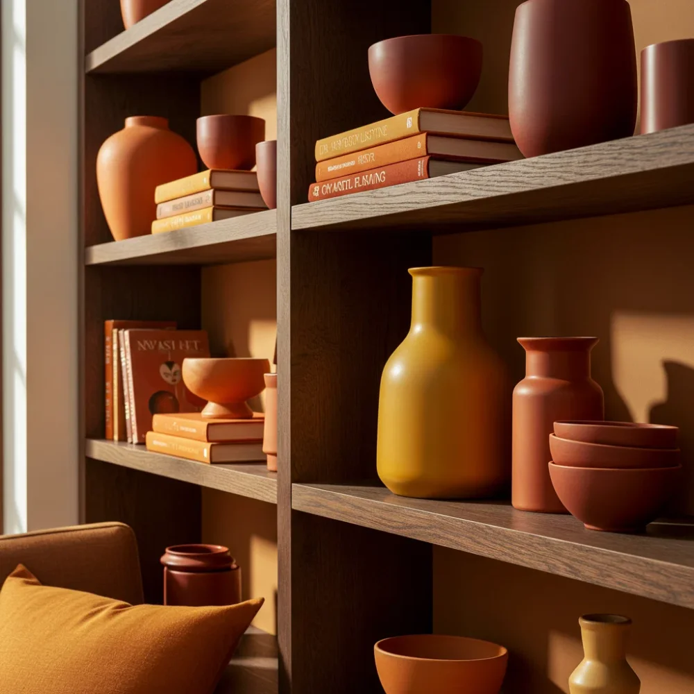 Mini heirloom white and speckled gourds perched playfully on horizontal book stacks on a styled living room shelf