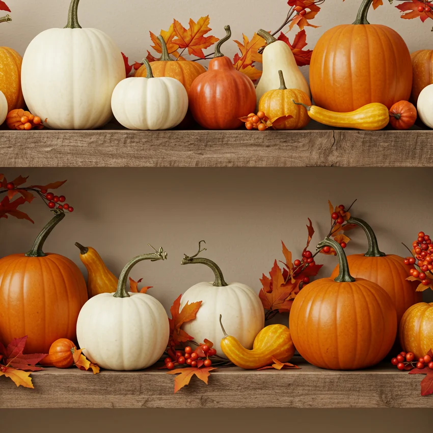 Large heirloom muted sage-and-cream ceramic statement pumpkin anchoring the center of an elegant autumn living room shelf