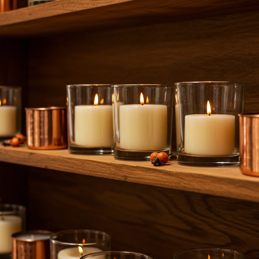Trio of candles at graduated heights in antique brass holders casting a warm flickering glow across an autumn living room shelf