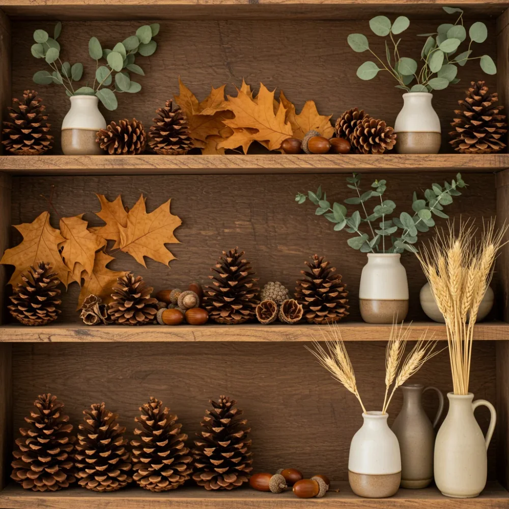 Fluffy neutral dried pampas grass plumes arranged in an earthy ceramic bud vase on an autumn styled wooden shelf