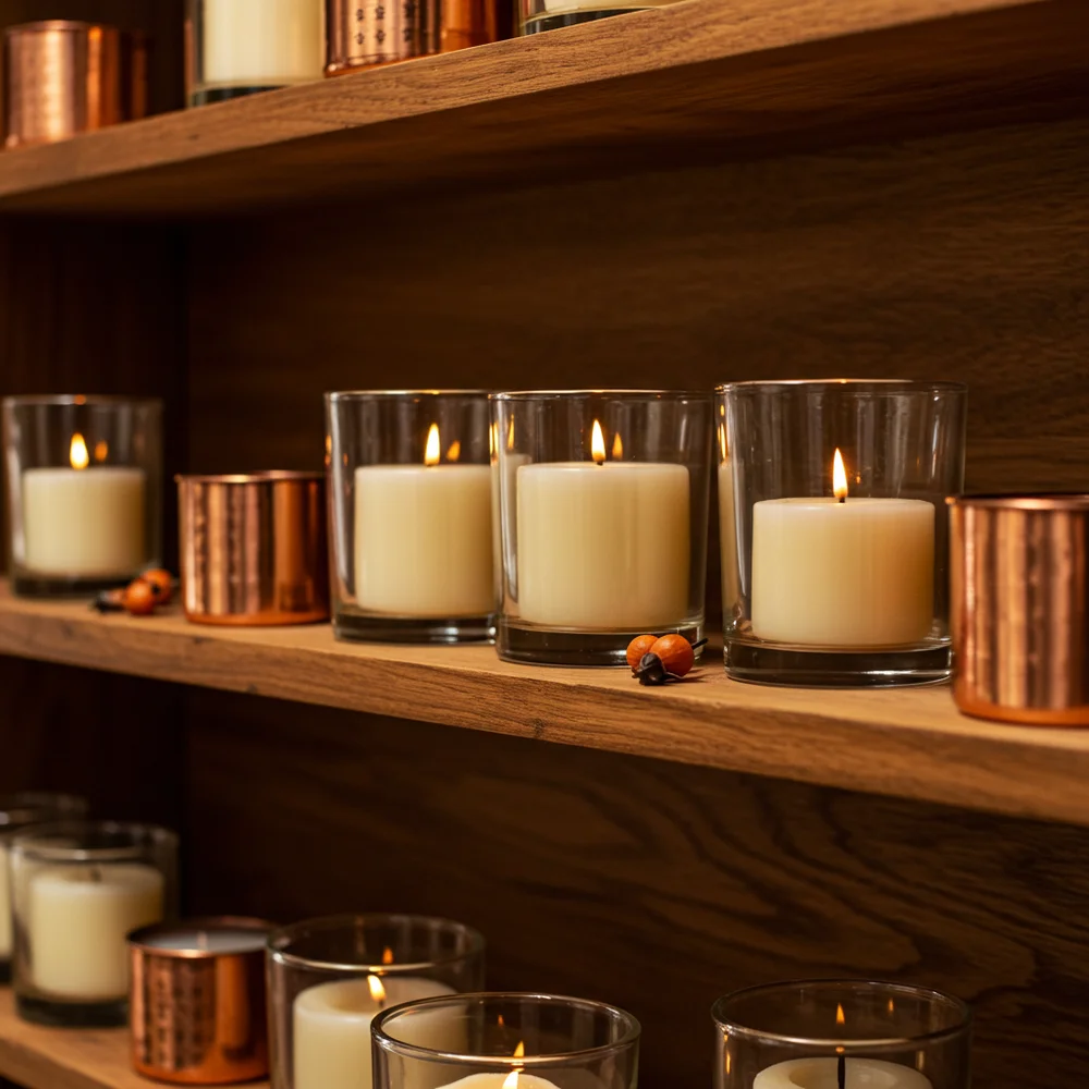 Glowing amber glass jar candle casting a warm honey light on an autumn living room shelf with brass decor accents