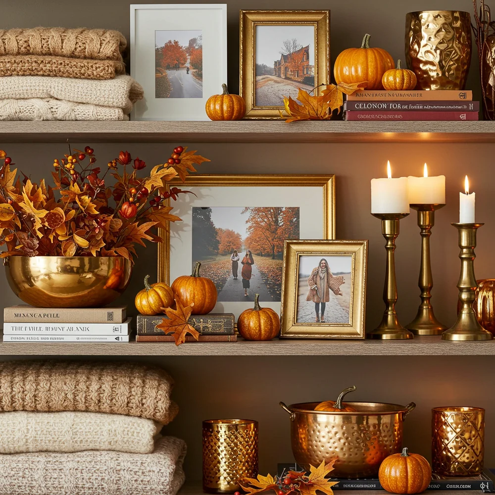 Hand-carved shallow stone bowl filled with natural pinecones and glossy brown acorns displayed on a cozy living room shelf
