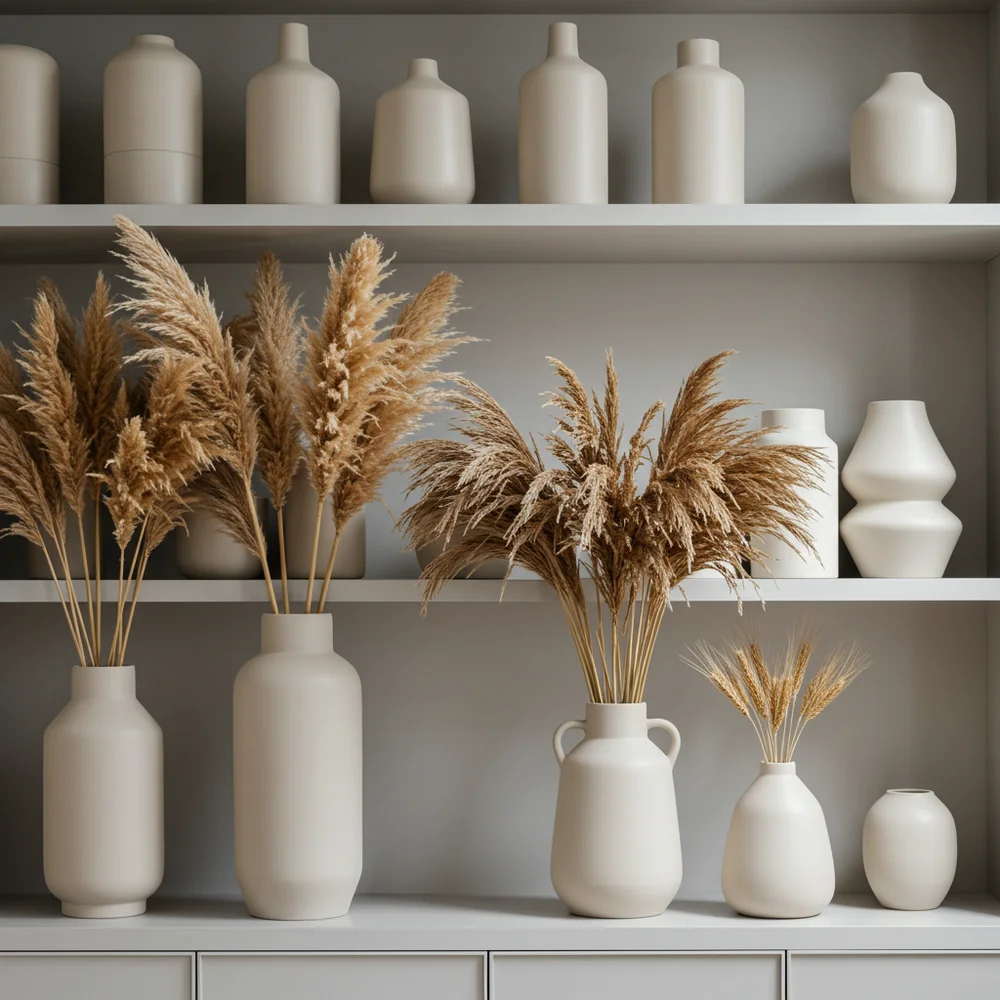 Sculptural ceramic vase with a warm rust and olive reactive glaze styled beside vintage novels on a wooden shelf