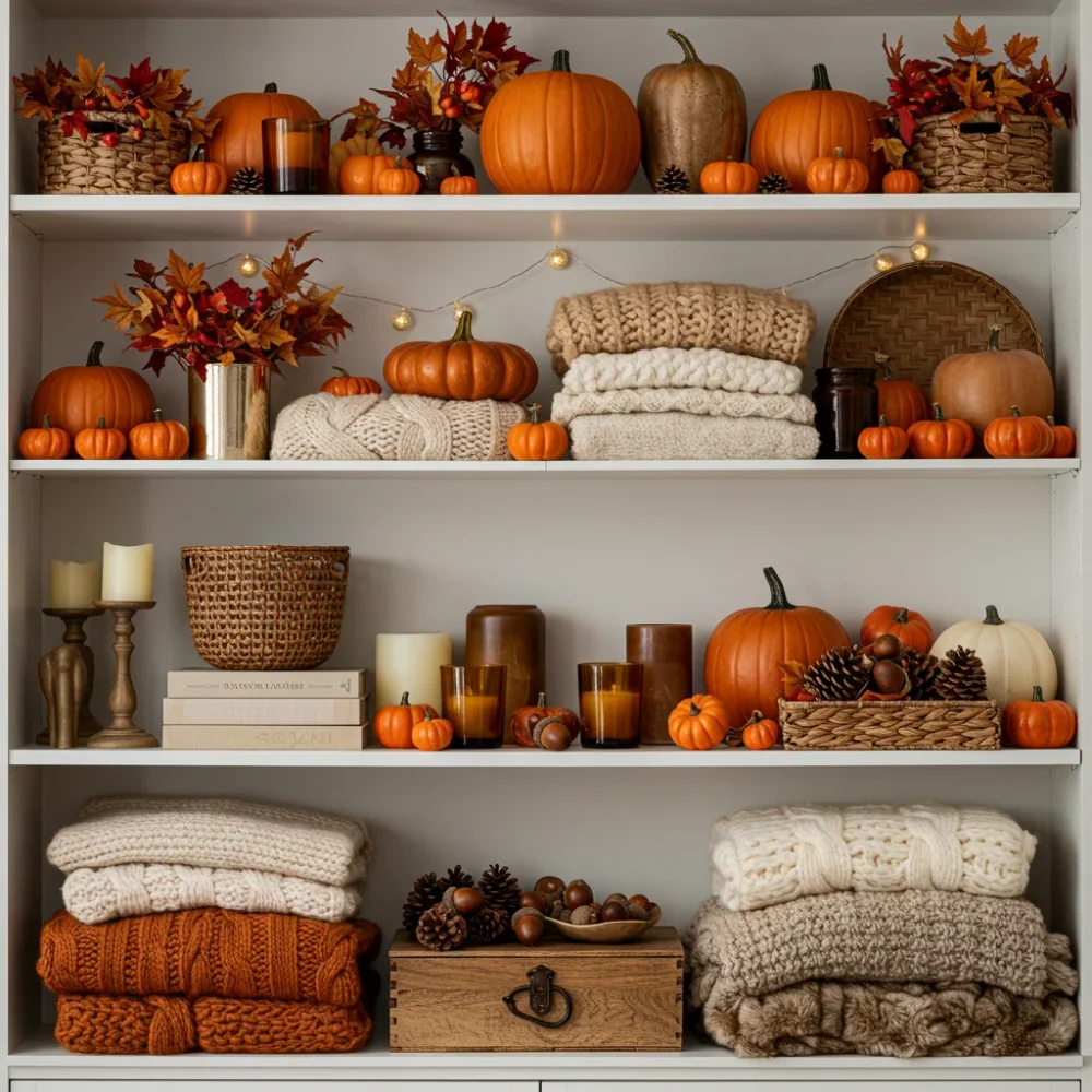 Warmly styled autumn living room bookshelves with mini pumpkins, amber candles, dried florals, and cozy stacked books