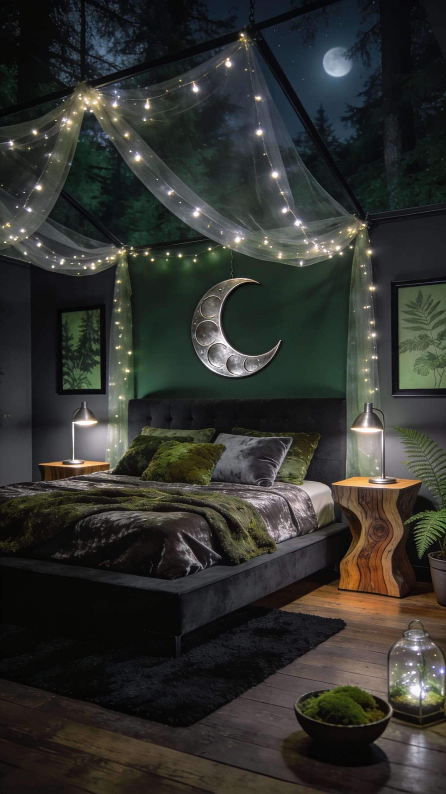 Deep Emerald Green Velvet Bedroom with Ornate Gold Frames and Dark Molding