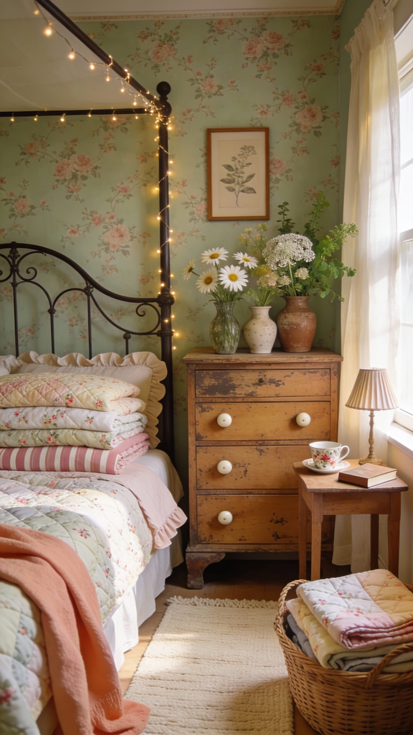 Intricate Woven Jacquard Tapestry Hanging from Black Iron Rod on Bedroom Wall